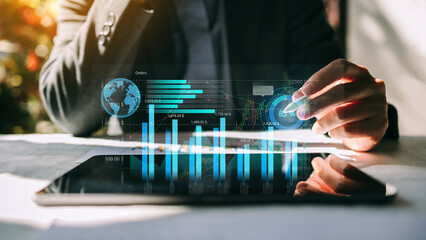 Fototapeta premium Business analysis big data screen and economic growth with financial graph. Concept of virtual dashboard technology digital marketing and global economy network connection. 3D illustration.