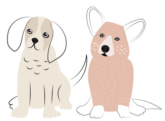 cartoon puppies doodle sketch, outline, isolated, vector