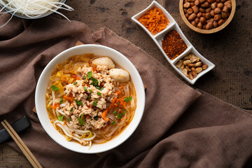 Tom Yum noodle soup ,Rice Stick Noodles with Minced Pork and meatball.popular hot and spicy soup in...