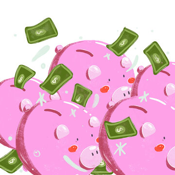 Ilustración de ahorros con varias alcancías de cerdos color rosa y dinero en efectivo con fondo blanco