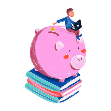 Ilustración de persona colocando dinero en una alcancía de cerdo para ahorros escolares, estudiantil con fondo blanco