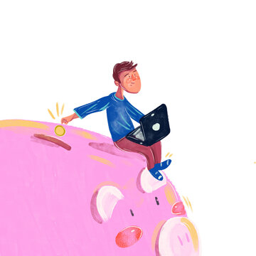 Ilustración de persona en computadora depositando una moneda en alcancía de cerdo con fondo blanco.