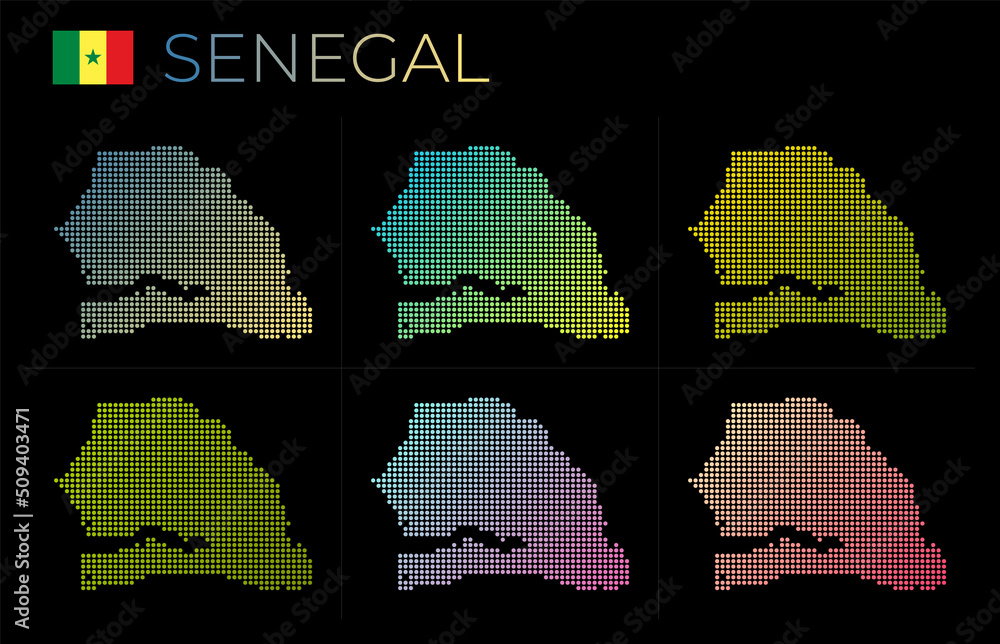 Poster senegal dotted map set. map of senegal in dotted style. borders of the country filled with beautiful