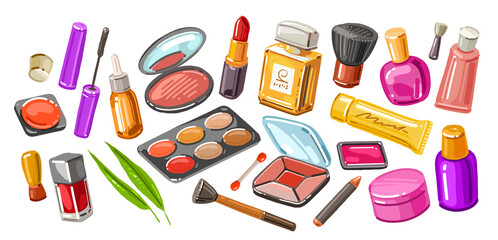 Set makeup products, brushes and tools. Beauty salon or cosmetics concept. Vector illustration isolated on background