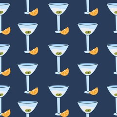 Seamless pattern martini glass with olives and orange slice.