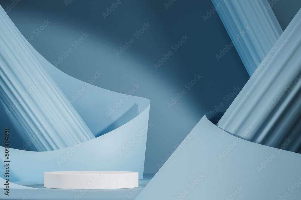Poster 3d rendering empty cylinder podium on light blue background. abstract scene for product display.