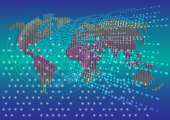 World map on computer binary code background.