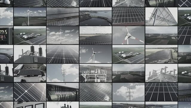Renewable electricity production video wall. Alternative energy split screen. Green electricity multi screen collage.