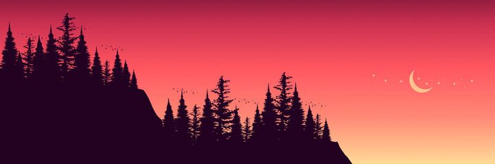 sunset silhouette of forest landscape vector illustration good for wallpaper, background, backdrop, banner, web, tourism and design template