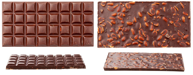 Milk chocolate bar with nuts. Top and bottom view of chocolate bar, isolated on white background. - 509404835