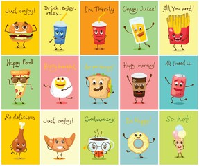 Cartoon funny food characters vector illustrations- waffles, cupcake, croissant, cup of tea and coffee, scrambled eggs, hamburger, hot dog and french fries and other