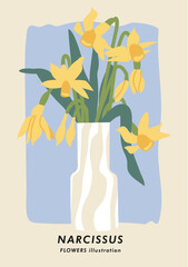 Vector illustration botanical poster with narcissus flowers. Art for postcards, wall art, banner, background