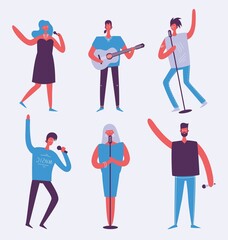 Vector background in a flat style of group of happy friends celebrating birthday party.