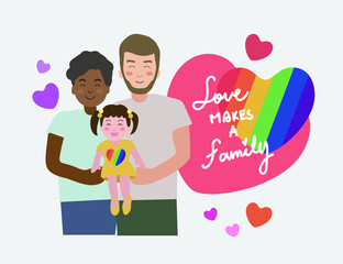 Homosexual male lgbt family.Two happy men with daughter holding hands.Gay couple with adopted child.Non-traditional family. Gay parents.Love makes a family concept.