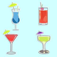 Set of cocktails in flat technique on a blue background vector illustration 