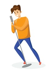 Boy sings a song in a microphone on a white background. Children's musical performance. Vector illustration in cartoon style