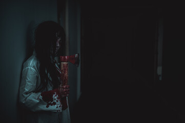 Portrait of asian woman make up ghost,Scary horror scene for background,Halloween festival...