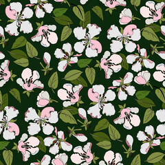 Vector seamless pattern contour flowers of an apple tree and leaves, hand-drawn, spring theme. Doodle style, outline in pastel colors. Cartoon pattern, for wallpaper, Textile