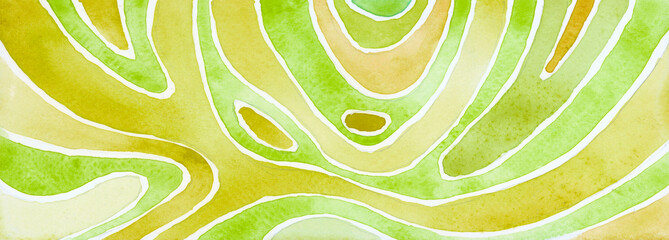 Abstract geometric green watercolor doodle wave strip line painting horizontal long background. Texture paper.