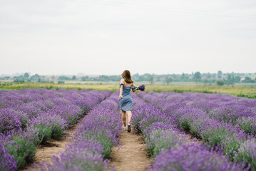 Beautiful girl in dress jumping and flying long hair on purple lavender field. Woman walk on the lavender field on sunset. Enjoy the floral glade, summer nature. Hairstyle. Back view.