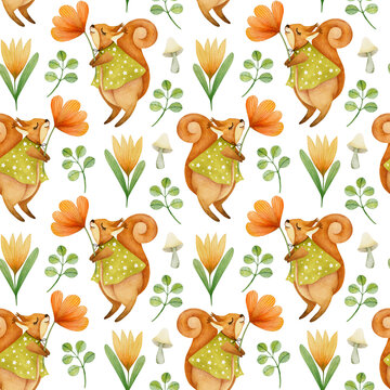 Watercolor squirrel seamless pattern design, cute animal background.
