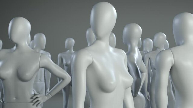 Camera movement around group of mannequin in dark studio room. Male and female group of mannequin in studio