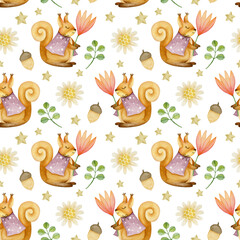Watercolor squirrel seamless pattern design, cute animal background.