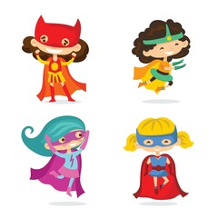 Cartoon vector illustration of Kid Superheroes wearing comics costumes