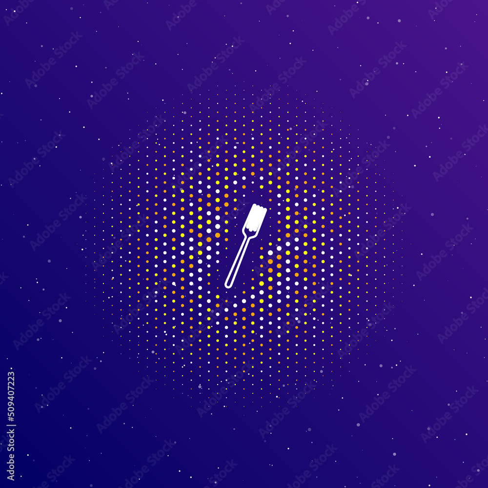 Poster a large white contour fork in the center, surrounded by small dots. dots of different colors in the 