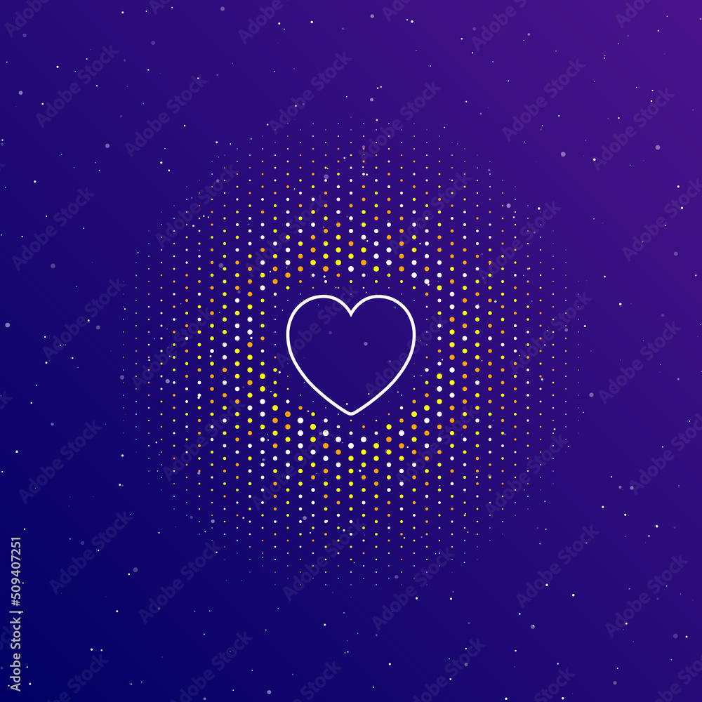 Poster a large white contour heart in the center, surrounded by small dots. dots of different colors in the