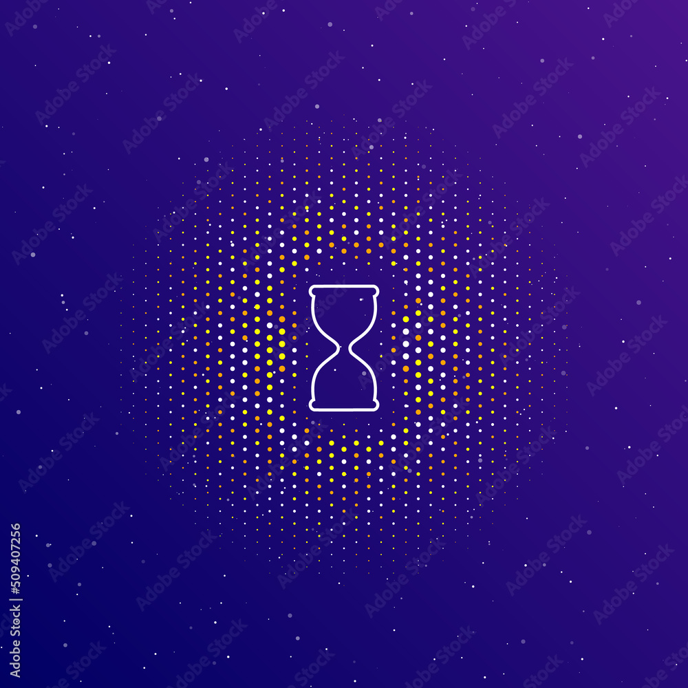 Poster a large white contour hourglass symbol in the center, surrounded by small dots. dots of different co