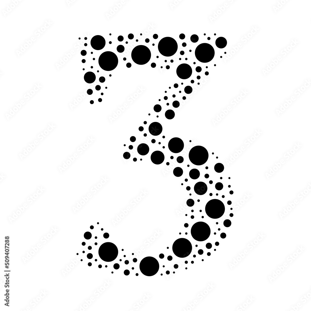 Poster a large number three symbol in the center made in pointillism style. the center symbol is filled wit
