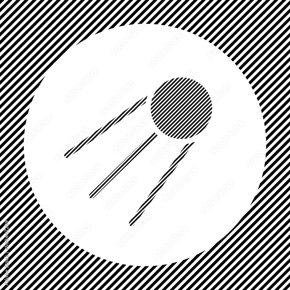 Poster a large satellite symbol in the center as a hatch of black lines on a white circle. interlaced effec