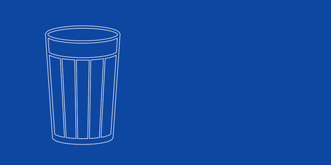 A large white outline glass symbol on the left. Designed as thin white lines. Vector illustration on blue background