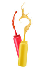 Mustard and ketchup on white background