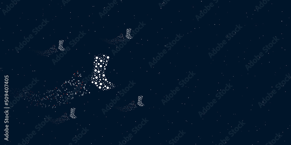 Poster a socks symbol filled with dots flies through the stars leaving a trail behind. four small symbols a