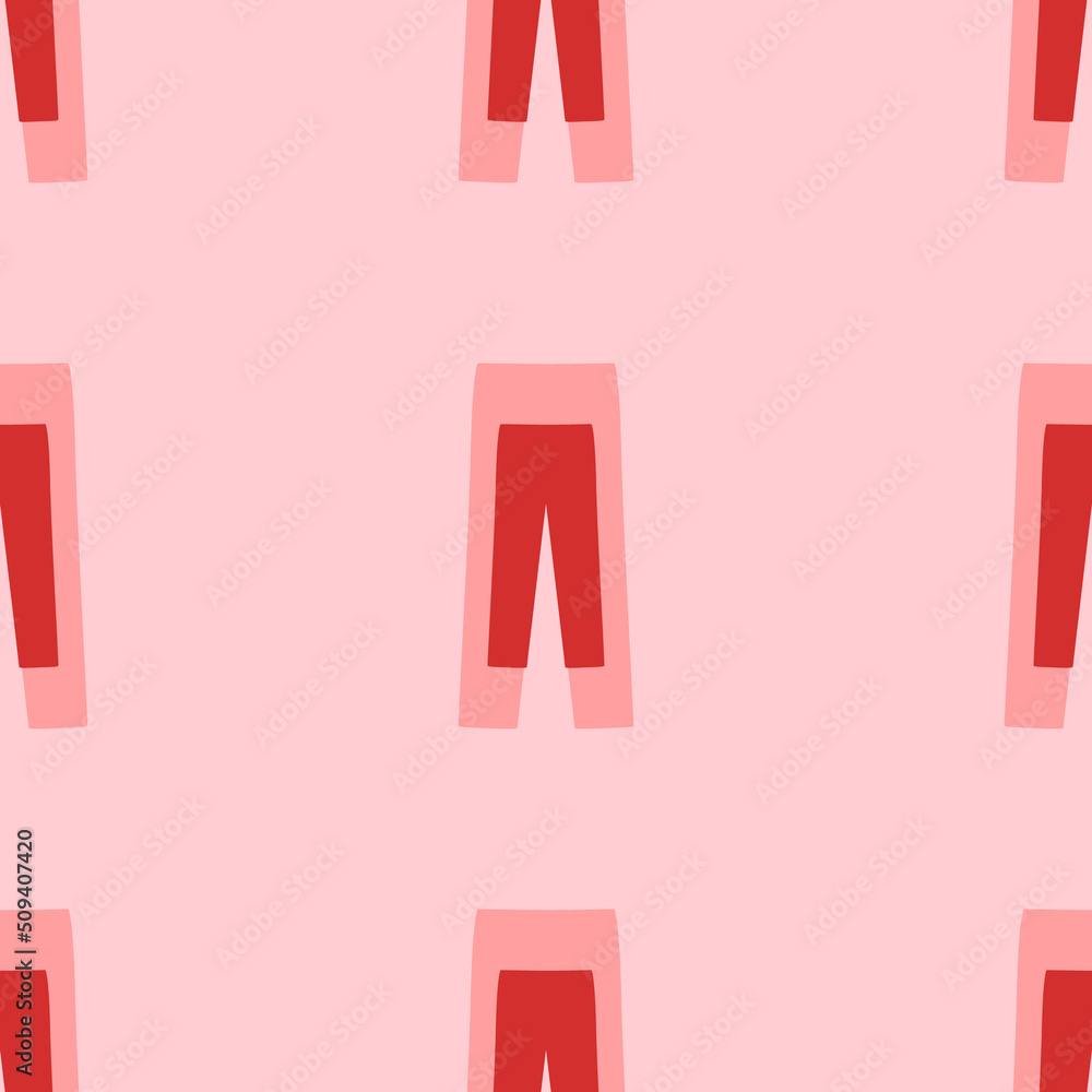 Poster Seamless pattern of large isolated red pants symbols. The elements are evenly spaced. Vector illustration on light red background