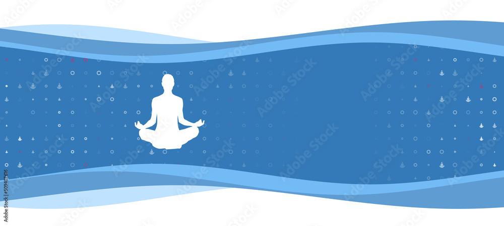 Poster blue wavy banner with a white yoga symbol on the left. on the background there are small white shape