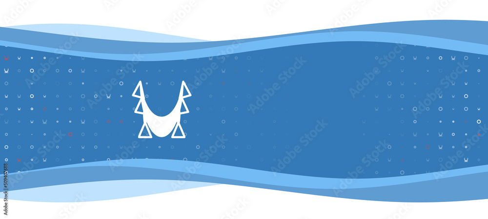Poster blue wavy banner with a white yoga hammock symbol on the left. on the background there are small whi