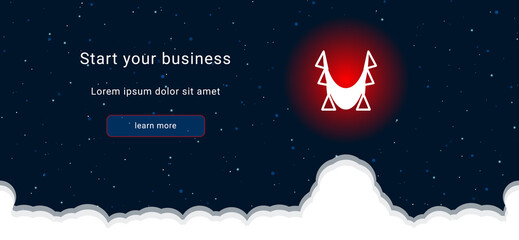 Business startup concept Landing page screen. The yoga hammock symbol on the right is highlighted in bright red. Vector illustration on dark blue background with stars and curly clouds from below