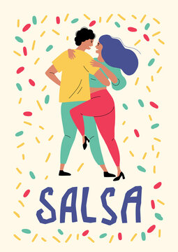 A woman and a man are dancing salsa. A couple dancing Latin dances. Lovers passionately move to the music. Rumba, samba, bachata and merengue