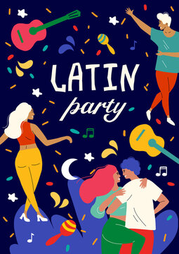 Latin dance party. Bachata and Salsa Dance Festival. The dancers move rhythmically. Poster and poster for a night disco. Lovers move passionately