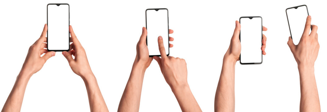 A man holds in his hands a blank black smartphone screen with a modern frameless design. Four positions isolated on white background