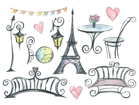 Various objects from a large set of PARIS. Watercolors. For the design and decoration of postcards, souvenirs, posters, banners, stickers. Find more on this topic in my portfolio.