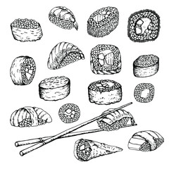 Sushi. Set. Stock vector illustration. Hand drawing. Isolated on white. Black and white sketch. For product packaging, labels. Asian food.Business card for sushi. Sushi menu, sushi bar