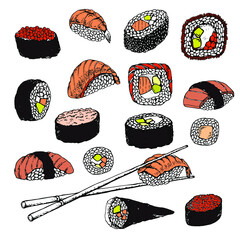 Sushi. Set. Stock vector illustration. Hand drawing. Isolated on white. Color sketch. For product packaging, labels. Asian food.Business card for sushi. Sushi menu, sushi bar