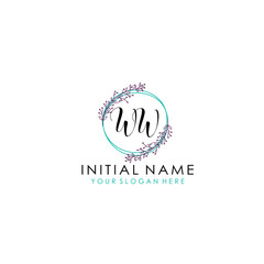Initial letter WW handwriting with floral frame template