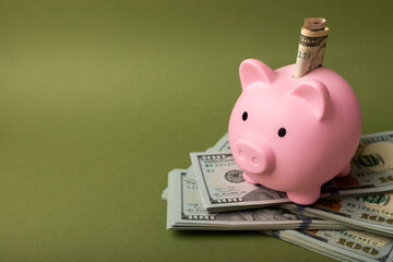  Piggy bank with dollars on an olive background. Money saving concept. currency savings. Copyright....