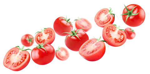 Flying delicious tomatoes, isolated on white background