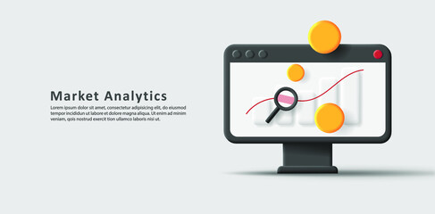 Digital 3d illustration of computer screen with bar chart and coins. Vector illustration